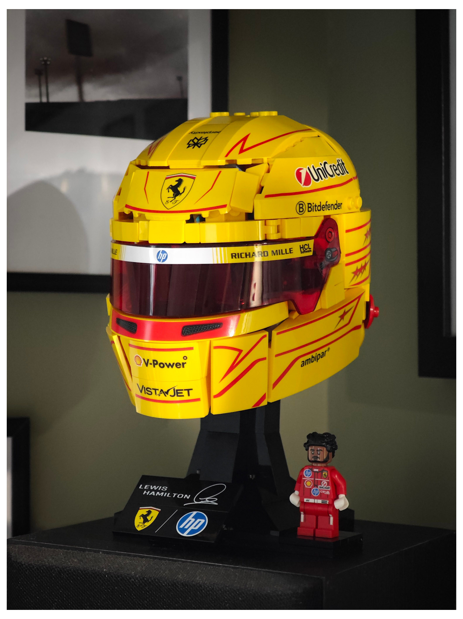 Fully built Lego Lewis Hamilton helmet 